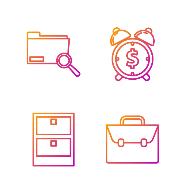 设置线公文包，档案文件抽屉，搜索概念与文件夹和闹钟与美元符号。渐变颜色图标。向量图片下载