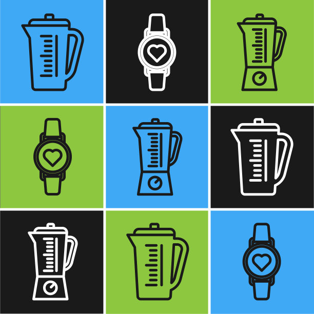 设置线量杯，搅拌机和智能手表显示心率图标。向量图片下载