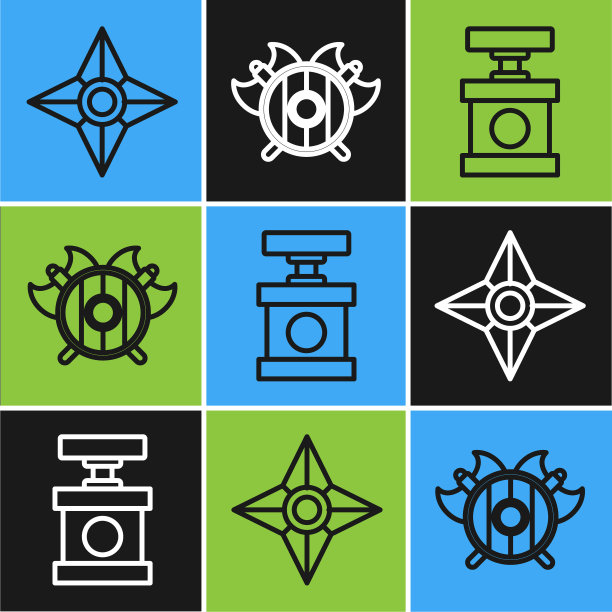 设置线日本忍者飞镖，处理雷管炸药和中世纪盾与交叉轴图标。向量图片下载