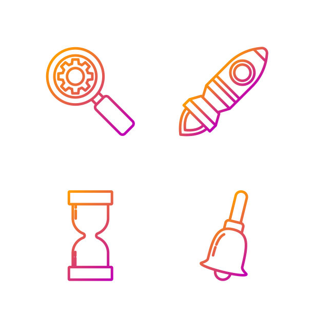 设置线鸣钟，沙漏与流沙，放大镜和齿轮和火箭船与火。渐变颜色图标。向量图片下载