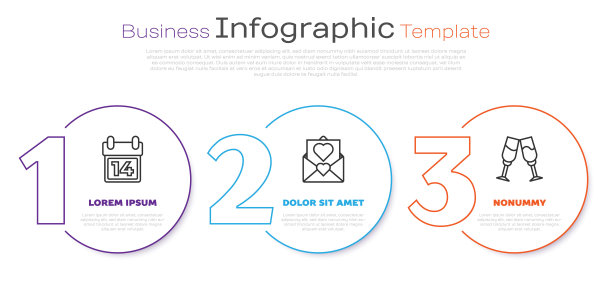 挂历上写着2月14日，信封上写着情人心和一杯香槟。业务信息图模板。向量图片下载