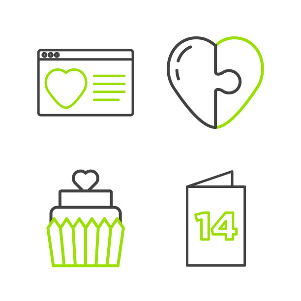 集行贺卡，婚礼蛋糕与心，心和约会应用程序在线图标。向量图片下载