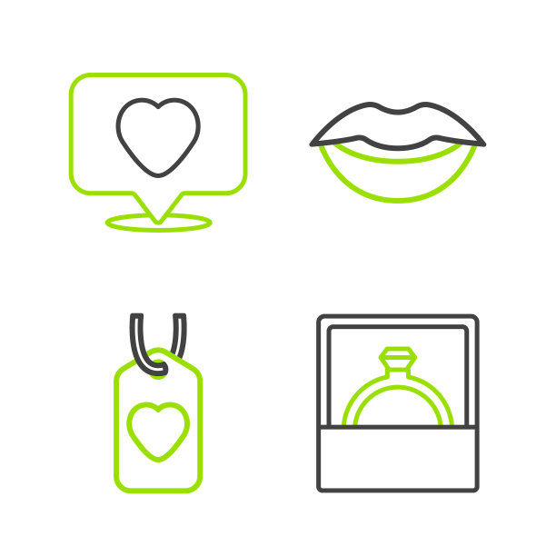 集行钻石订婚戒指，心形标签，微笑的嘴唇和喜欢和心形图标。向量图片下载