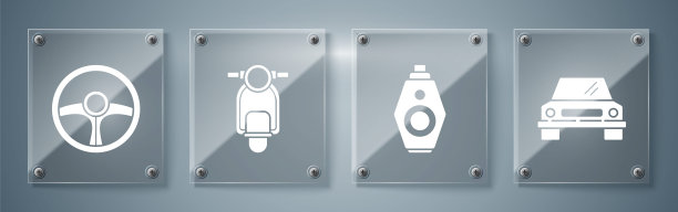 设置汽车，汽车钥匙与遥控器，踏板车和方向盘。方形玻璃面板。向量图片下载