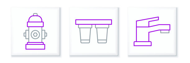 设置线路水龙头，消火栓和过滤器图标。向量图片下载
