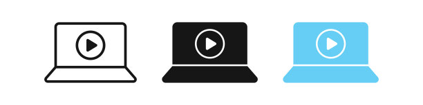 笔记本电脑播放图标。视频按钮符号。媒体播放器标志。教育的象征。观察教程图标。黑色，蓝色。矢量信号。图片下载