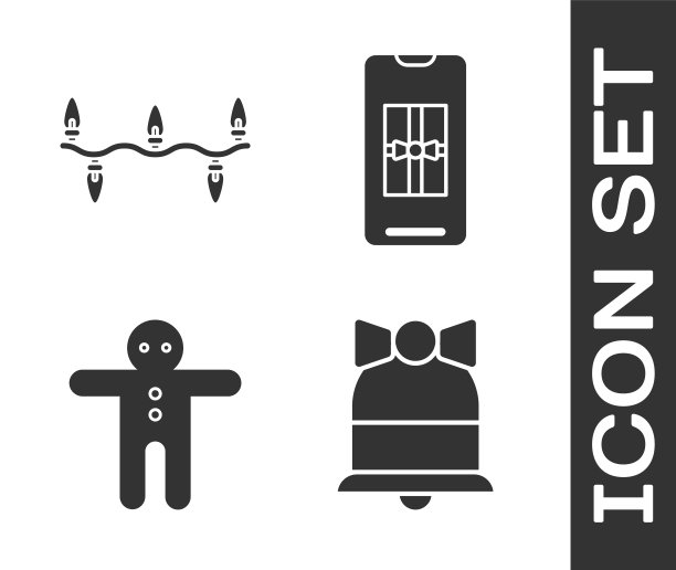 圣诞铃铛、圣诞灯饰、节日姜饼人饼干和带礼品盒的智能手机图标矢量素材图片下载