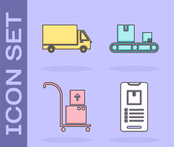 设置手机与应用程序交付跟踪，交付货物卡车车辆，手推车和箱子和传送带与纸箱图标。向量图片下载