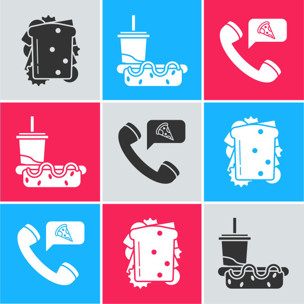 集三明治，纸玻璃与吸管和热狗和食物订购披萨图标。向量图片下载