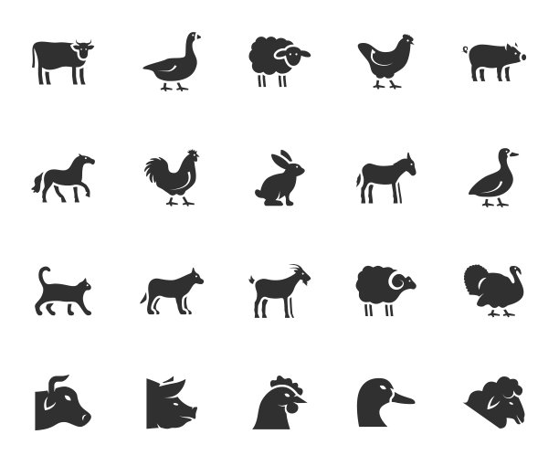 矢量集农场动物平面图标。包含图标牛，马，山羊，鹅，驴，公鸡，猪，鸭和更多。像素完美。图片下载