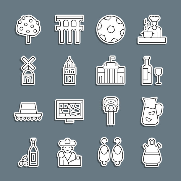 集线桑格里亚水罐，酒瓶与玻璃，足球，吉拉尔达，风车，橘子树和普拉多博物馆的图标。向量图片下载