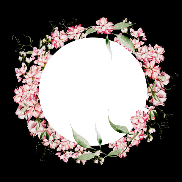 水彩花环与豌豆和叶子的野花。图片下载