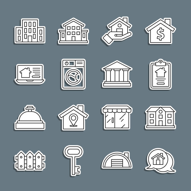 集行房地产消息房子，房子，合同，房地产经纪人，洗衣机，在线真实，和博物馆建筑图标。向量图片下载