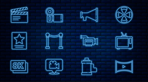 集线在线播放视频，复古电视，扩音器，绳障，好莱坞星光大道，电影拍手，影院相机和图标。向量图片下载