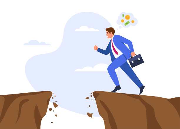 深渊的矢量插图。一个想要跳过峡谷的人在白色背景上跑钱的卡通场景。克服difficultie。图片下载