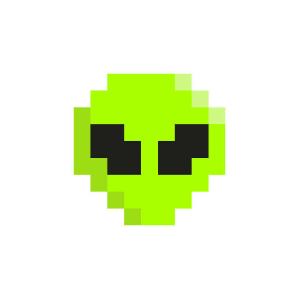 像素艺术绿色和灰色卡通外星人人物。8位像素外星人。矢量插图。不明飞行物。生物。脸卡通。图片下载