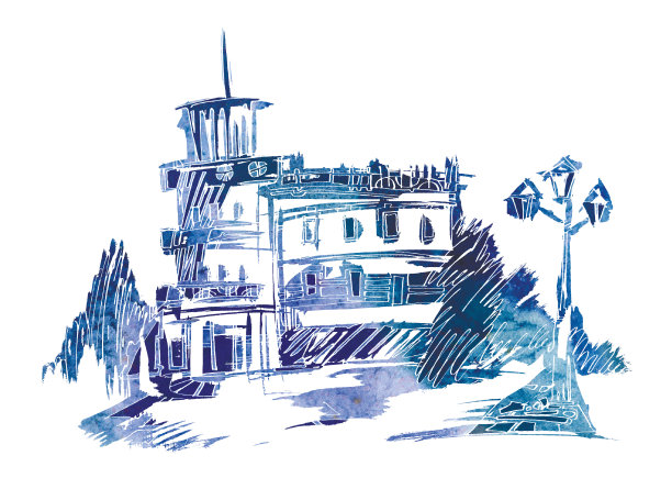 手绘水彩在蓝色。一座有塔和尖顶的房子。房子附近有一盏灯笼。图片下载