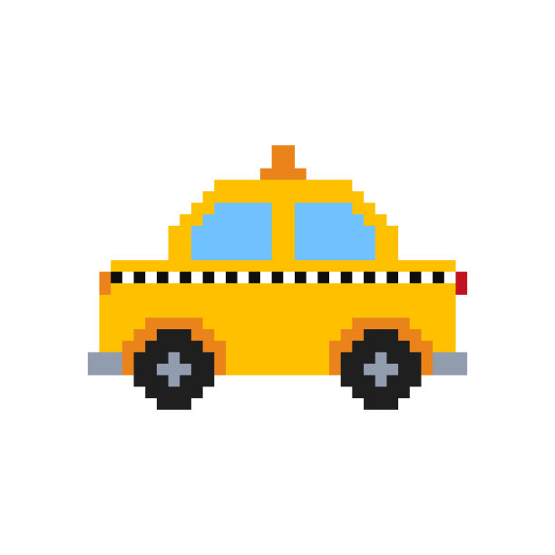 白色背景上孤立的像素艺术出租车。出租车图标，侧视图的复古视频游戏。像素艺术风格矢量插图。股票插图图片下载