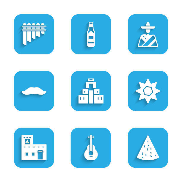 集奇琴伊察在玛雅，墨西哥吉他，玉米片，太阳，房子，胡子，男人宽边帽和排箫图标。向量图片下载