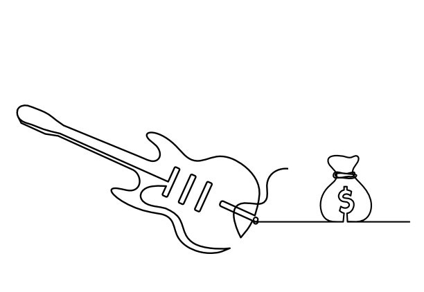 抽象吉他与美元作为连续线画在白色图片下载