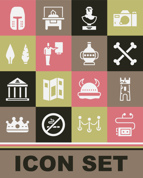 设置博物馆音频导游，城堡塔，交叉的人骨，古代半身像雕塑，石器时代的箭头，中世纪的铁头盔和双耳罐图标。向量图片下载