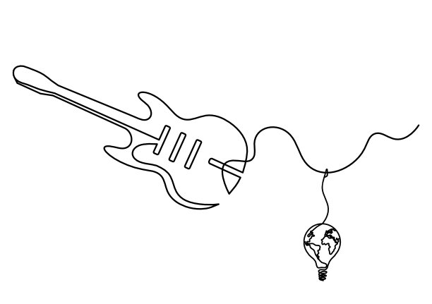 抽象吉他与奖杯作为连续线条画在白色图片下载