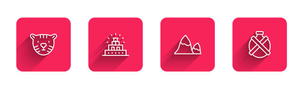 设定线虎头，玛雅的奇琴伊察，山脉和水壶长影子。红色方块按钮。向量图片下载