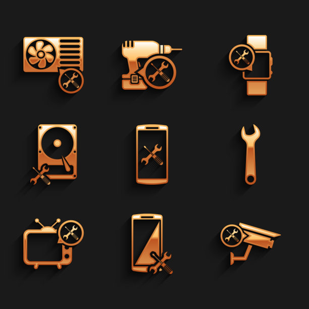 设置智能手机服务，安全摄像头，扳手，电视，硬盘驱动器，智能手表和空调图标。向量图片下载