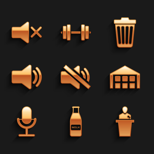 设置扬声器静音，玻璃瓶牛奶和瓶盖，仓库，麦克风和音量图标。向量图片下载