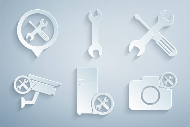 设置冰箱服务，十字螺丝刀和扳手，安全摄像头，照片，扳手和位置图标。向量图片下载