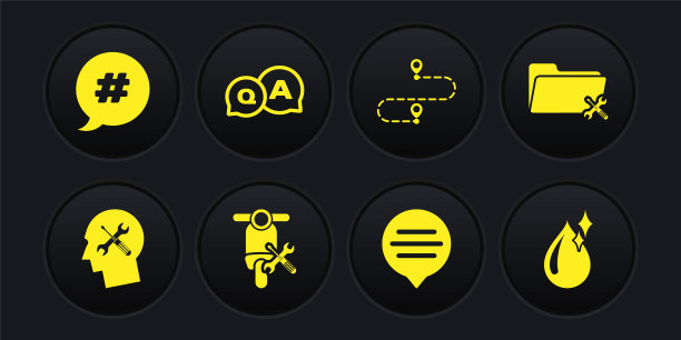 设置人头服务，文件夹，滑板车，语音泡泡聊天，路线位置，问答，清洁水滴和标签语音图标。向量图片下载