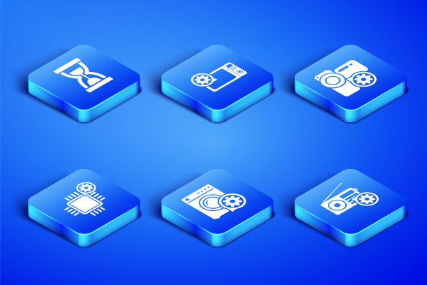 设置收音机设置，旧沙漏与沙子，洗衣机，处理器，微波炉和摄像机图标。向量图片下载