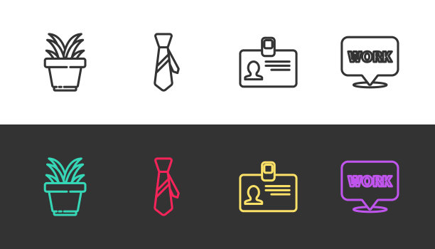设置线植物在花盆，领带，识别徽章和位置与文字工作在黑色和白色。向量图片下载