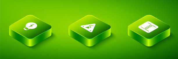 设置等距高压，电气变压器和创意灯灯的想法图标。向量图片下载