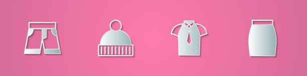 设置剪纸短或裤子，豆帽，衬衫和裙子图标。纸艺术风格。向量图片下载