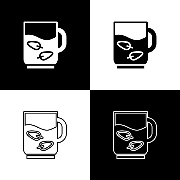 设置杯茶和叶子图标孤立在黑白背景上。向量图片下载