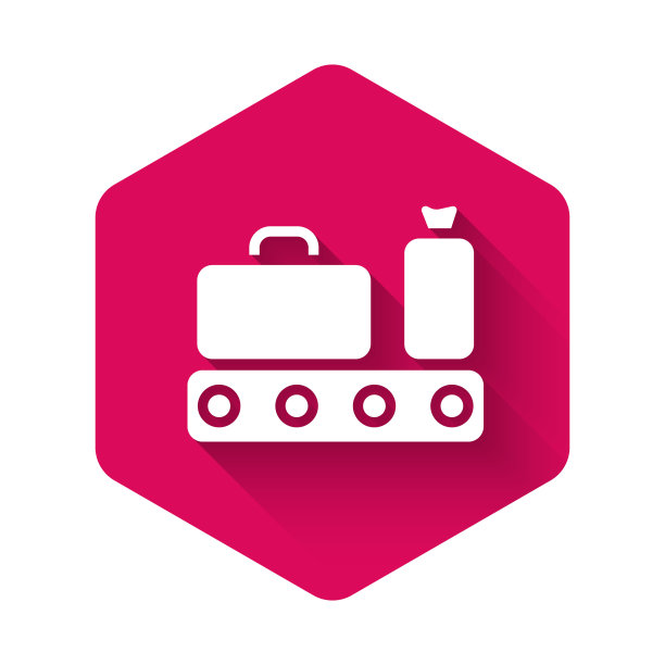 白色机场传送带与旅客行李、行李箱、行李袋、行李图标隔离，背景有长长的阴影。粉色六角形按钮。向量图片下载