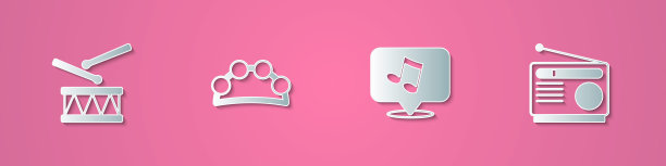 设置剪纸鼓鼓棒，手鼓，音乐音符，音调和电台图标。纸艺术风格。向量图片下载