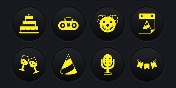 香槟杯，日历派对，派对帽子，麦克风，小丑头，家庭音响与两个扬声器，嘉年华花环旗帜和蛋糕燃烧蜡烛图标。向量图片下载