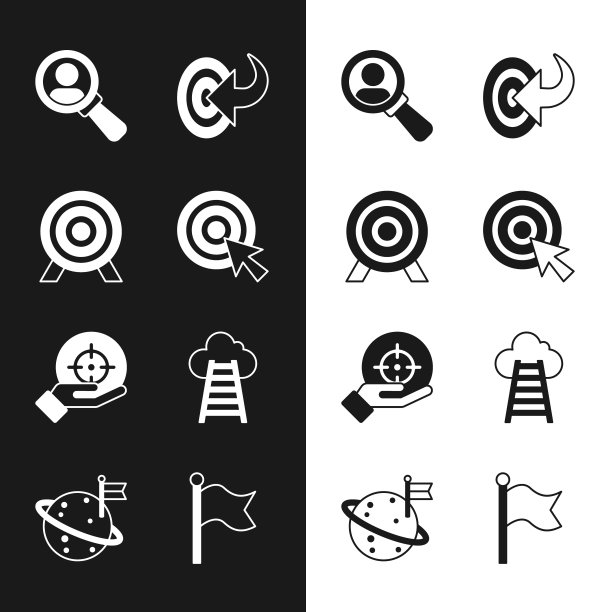 设置目标与箭头，放大镜搜索，楼梯完成旗帜，旗帜和月亮图标。向量图片下载