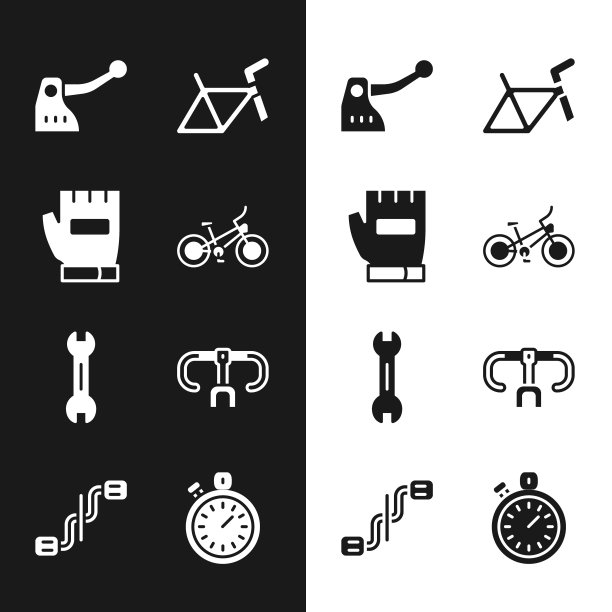 设置自行车，手套，刹车，框架，扳手扳手，车把，秒表和踏板图标。向量图片下载