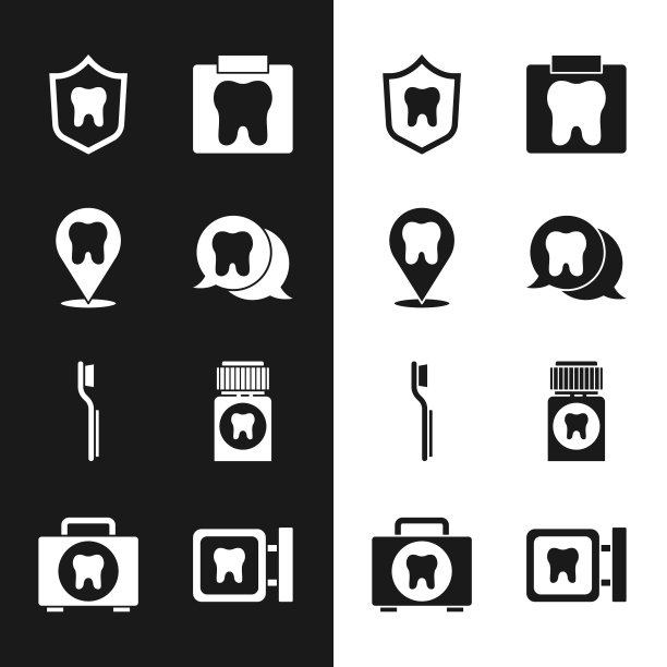 设置牙齿，牙科诊所的位置，保护，x光的牙齿，牙刷，止痛药药片，和急救箱图标。向量图片下载