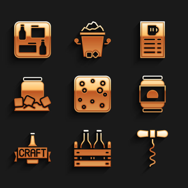 设置啤酒气泡，啤酒瓶，葡萄酒开瓶器，可以，冷，菜单和图标。向量图片下载