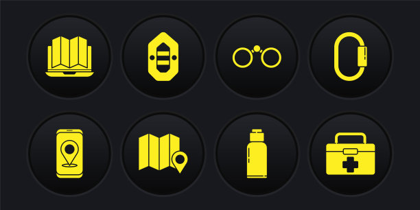 设置城市地图导航，卡环，森林的位置，水壶，双筒望远镜，漂流船，急救箱和笔记本电脑图标。向量图片下载