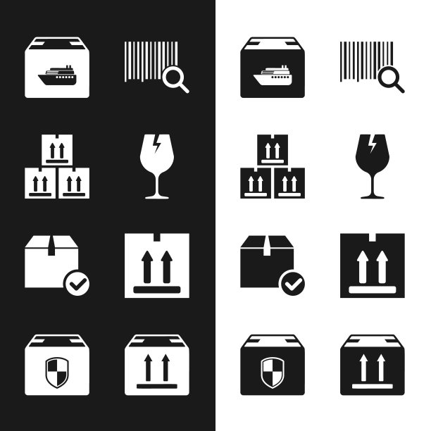 设置易碎玻璃、交通纸箱、货轮箱、搜索条码、包装检查标记和送货安全防护图标。向量图片下载