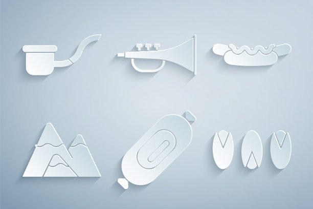 设置腊肠，热狗三明治，山，开心果，乐器小号和烟斗图标。向量图片下载