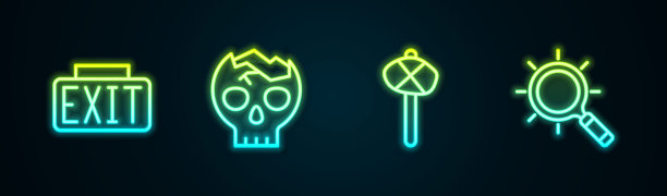 设定线出口标志，破碎的人类头骨，石器时代的锤子和放大镜。发光的霓虹灯图标。向量图片下载