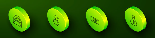 设置等距线信封与美元符号，存钱罐和锤子，撕裂钱钞票和钱袋图标。向量图片下载