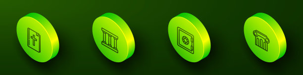 设置等距线圣经书，监狱窗口，安全和法律支柱图标。向量图片下载