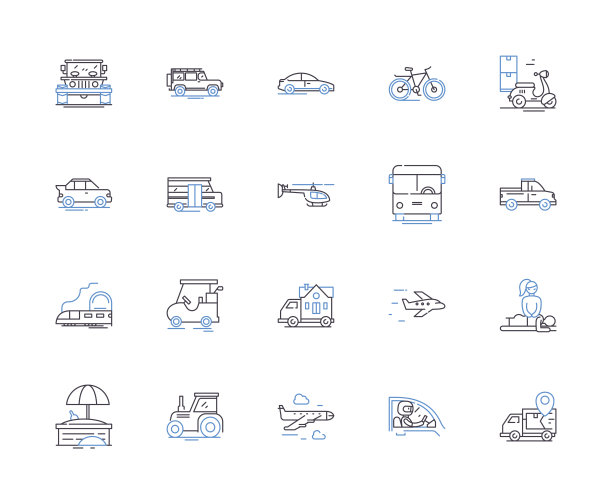 交通运输和旅行轮廓图标合集：物流、飞机、轮船、火车、道路、顺风车、公共汽车矢量概念合集图片下载